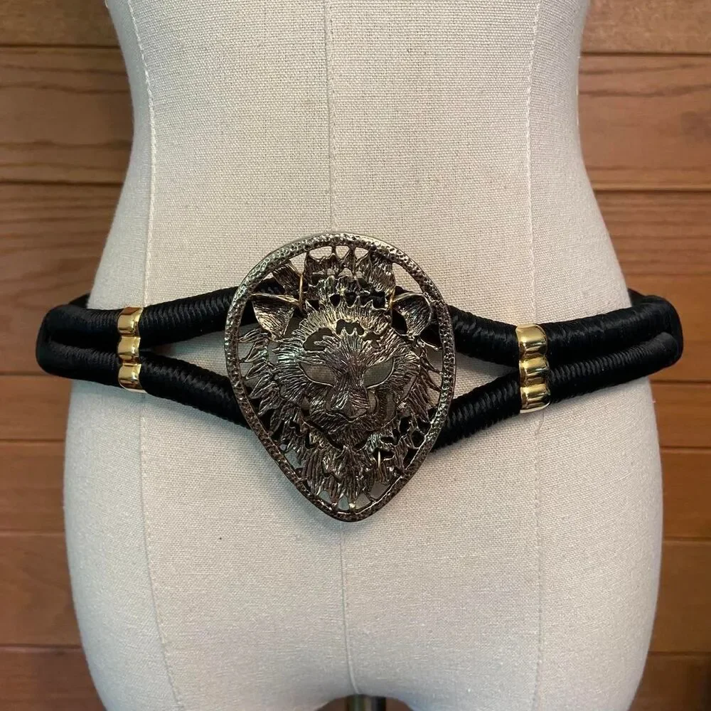 Vintage 80s Carolyn Tanner lion gold tone buckle black fabric rope belt